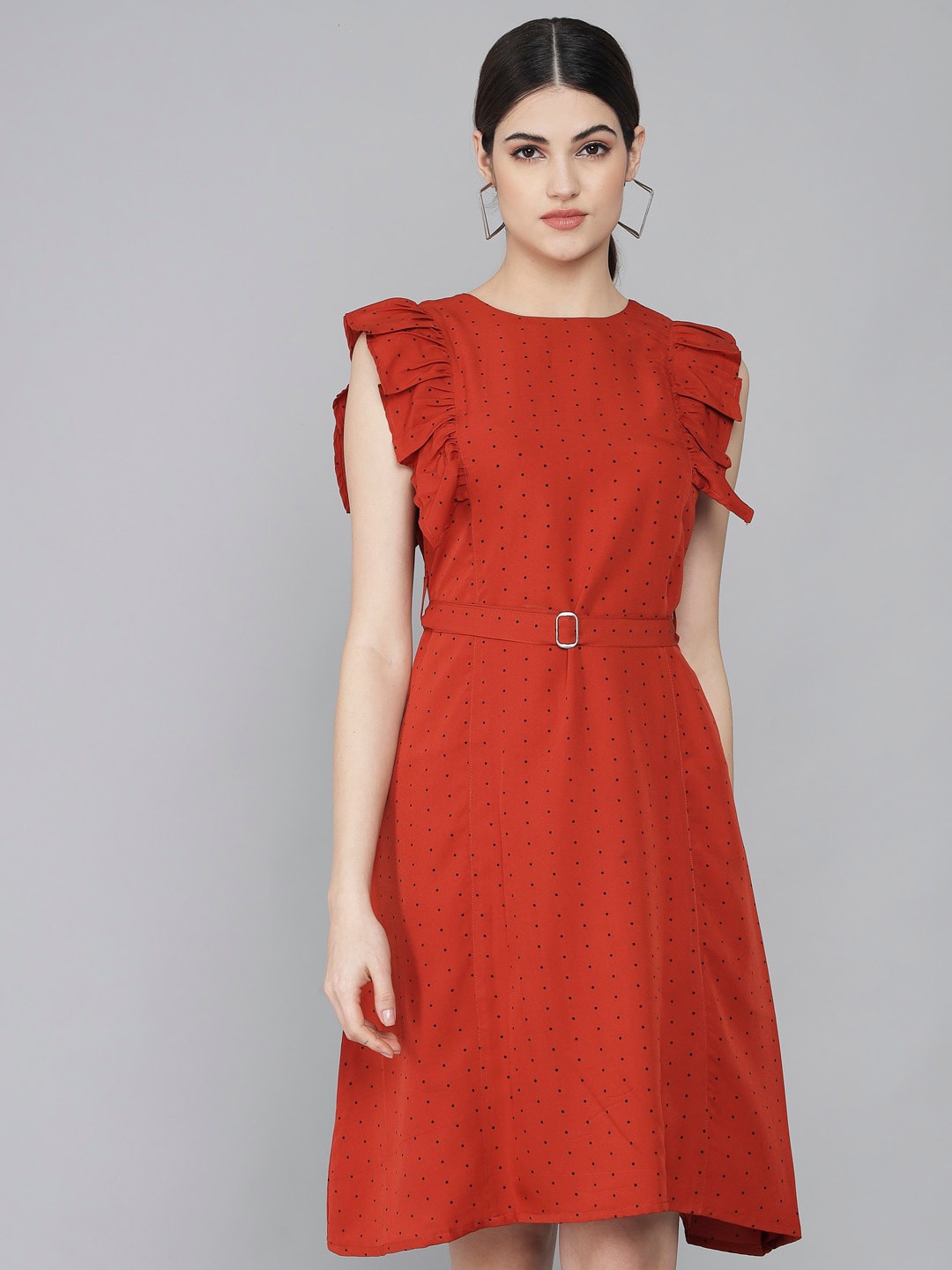 

Rudraaksha Creations Polka Dot Printed Flutter Sleeve Crepe Fit & Flare Dress With Belt, Rust