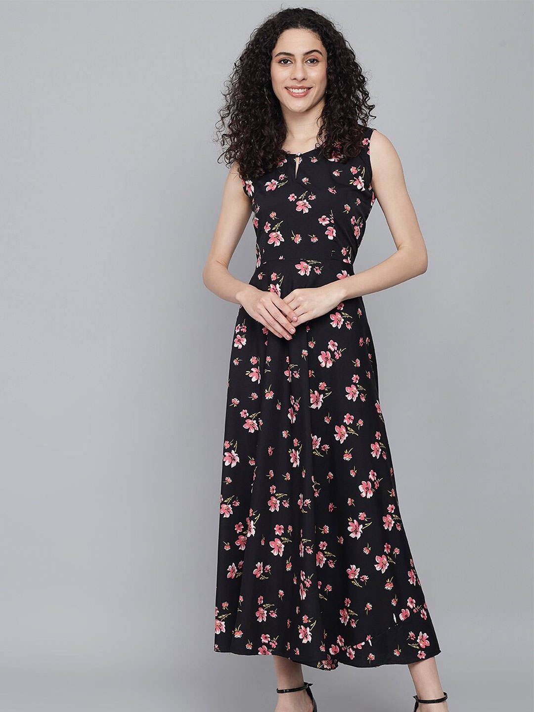 

Rudraaksha Creations Floral Printed Keyhole Neck A-Line Maxi Dress, Black