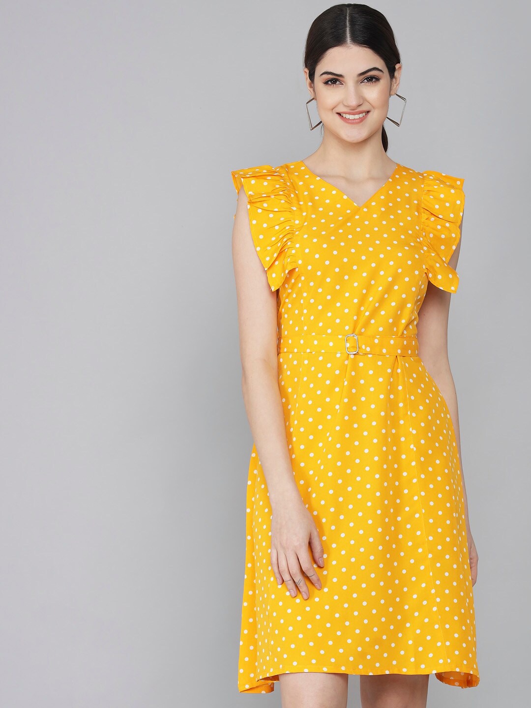 

Rudraaksha Creations Polka Dot Printed Flutter Sleeves A-Line Dress, Yellow