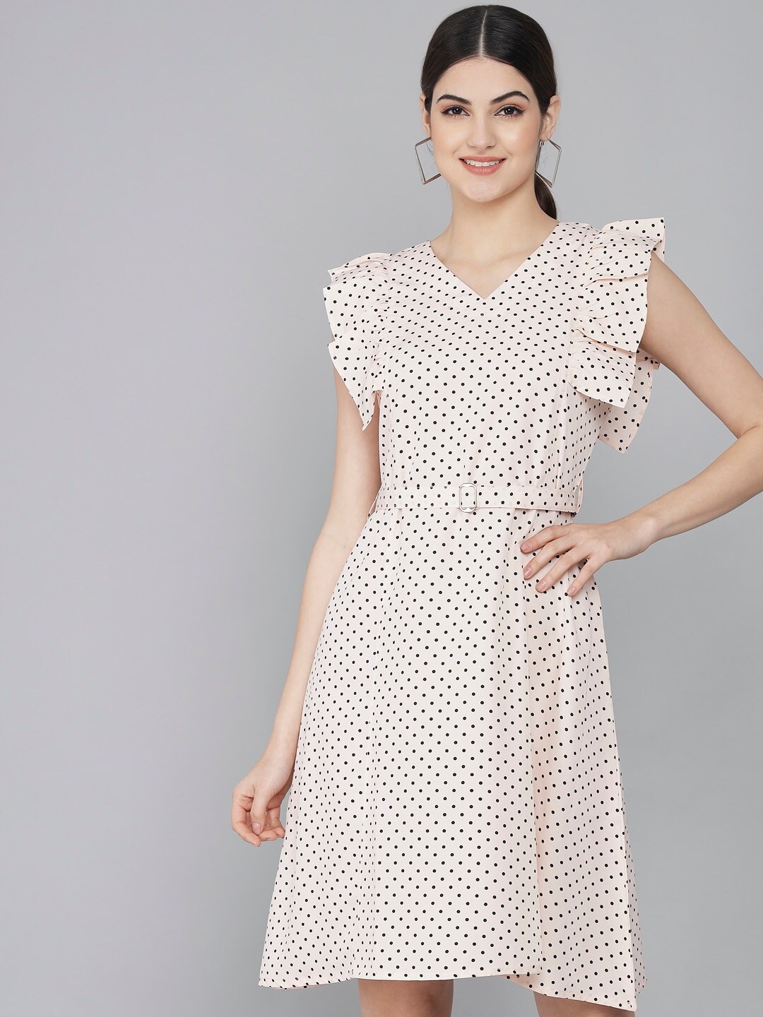 

Rudraaksha Creations Polka Dot Printed Flutter Sleeve Crepe A-Line Dress With Belt, White