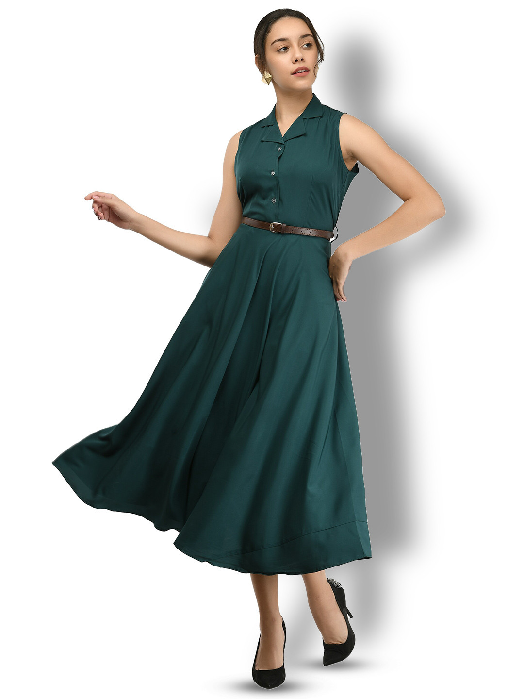 

Rudraaksha Creations Shirt Collar Fit & Flare Midi Dress With Dupatta, Green