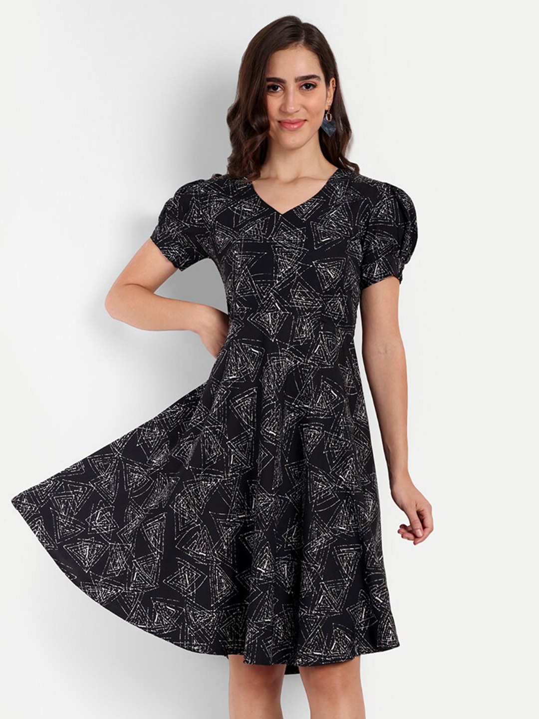 

Rudraaksha Creations Geometric Printed Crepe Fit & Flare Dress, Black