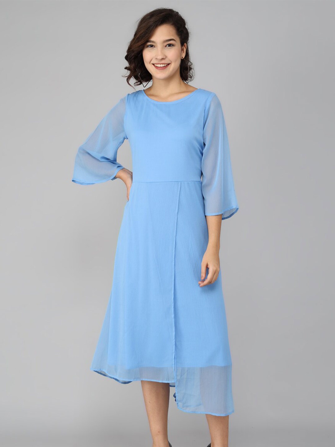 

Rudraaksha Creations Flared Sleeve Chiffon A-Line Midi Dress, Blue