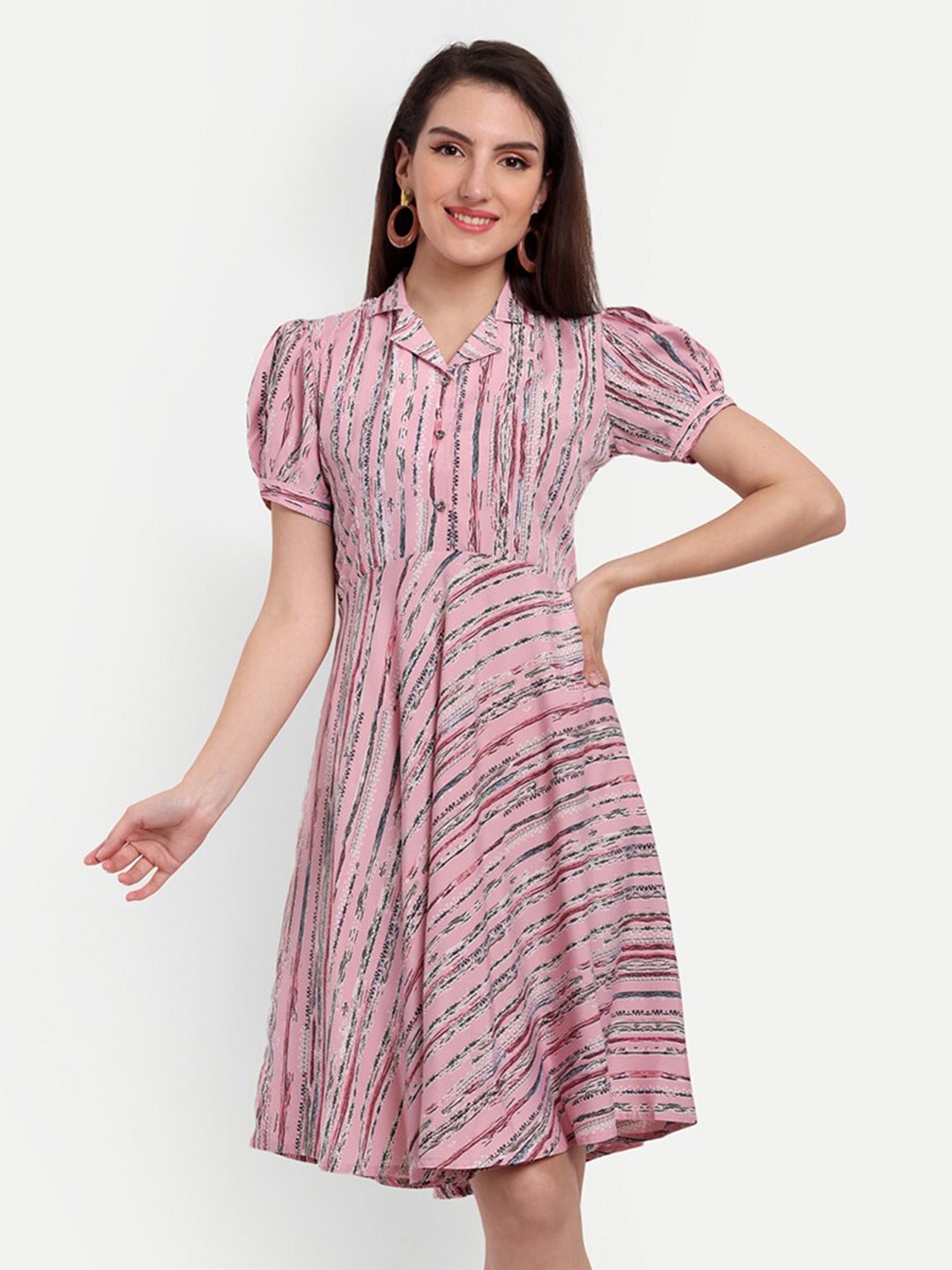 

Rudraaksha Creations Abstract Printed Shirt Collar Fit & Flare Dress, Pink