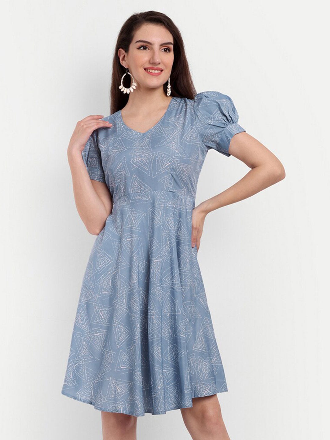 

Rudraaksha Creations Geometric Printed Crepe Fit & Flare Dress, Blue
