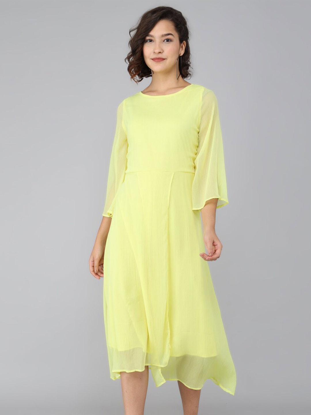 

Rudraaksha Creations Flared Sleeves Chiffon A-Line Midi Dress, Yellow