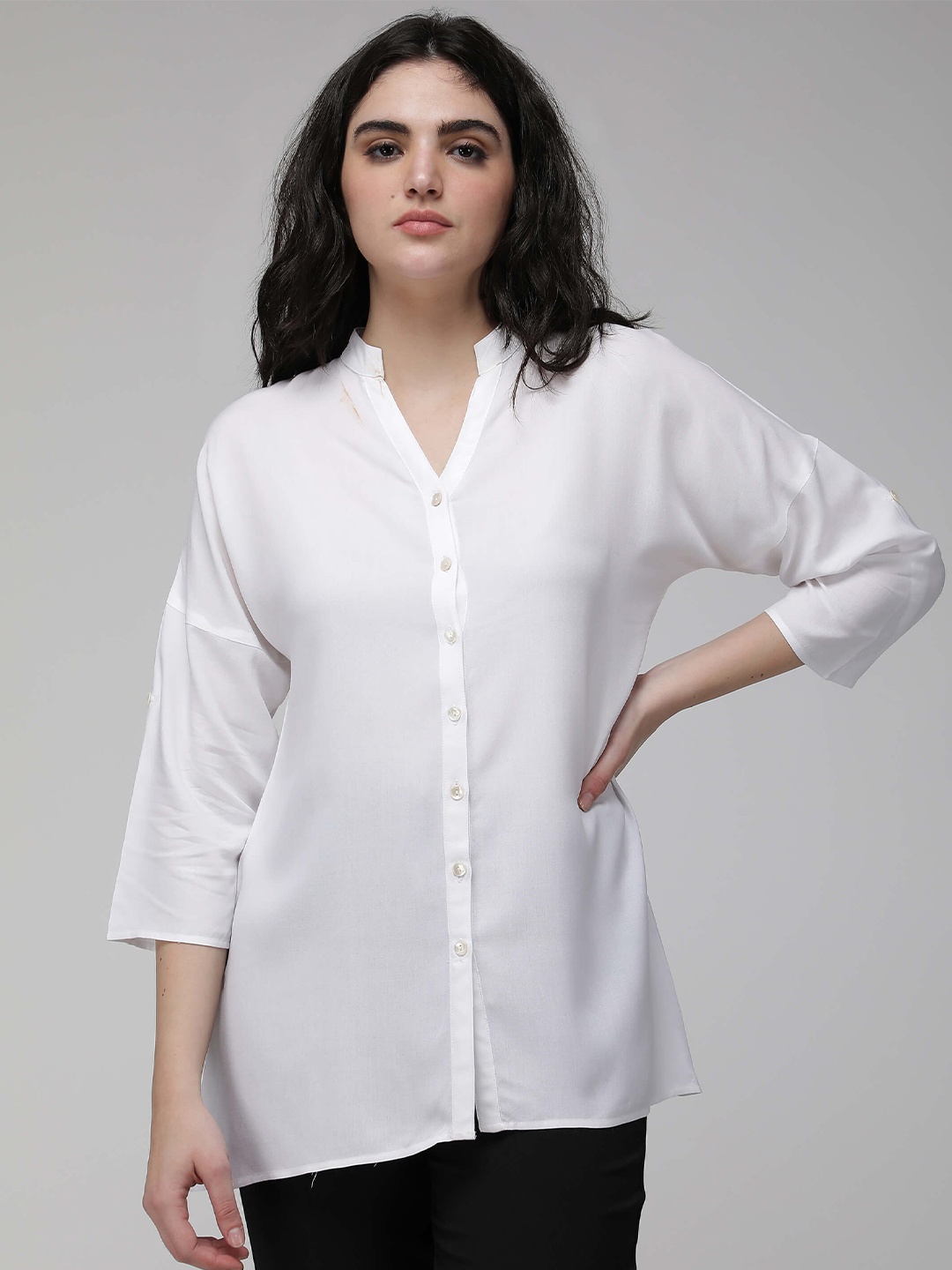 

IDK Mandarin Collar Shirt Style Top, White