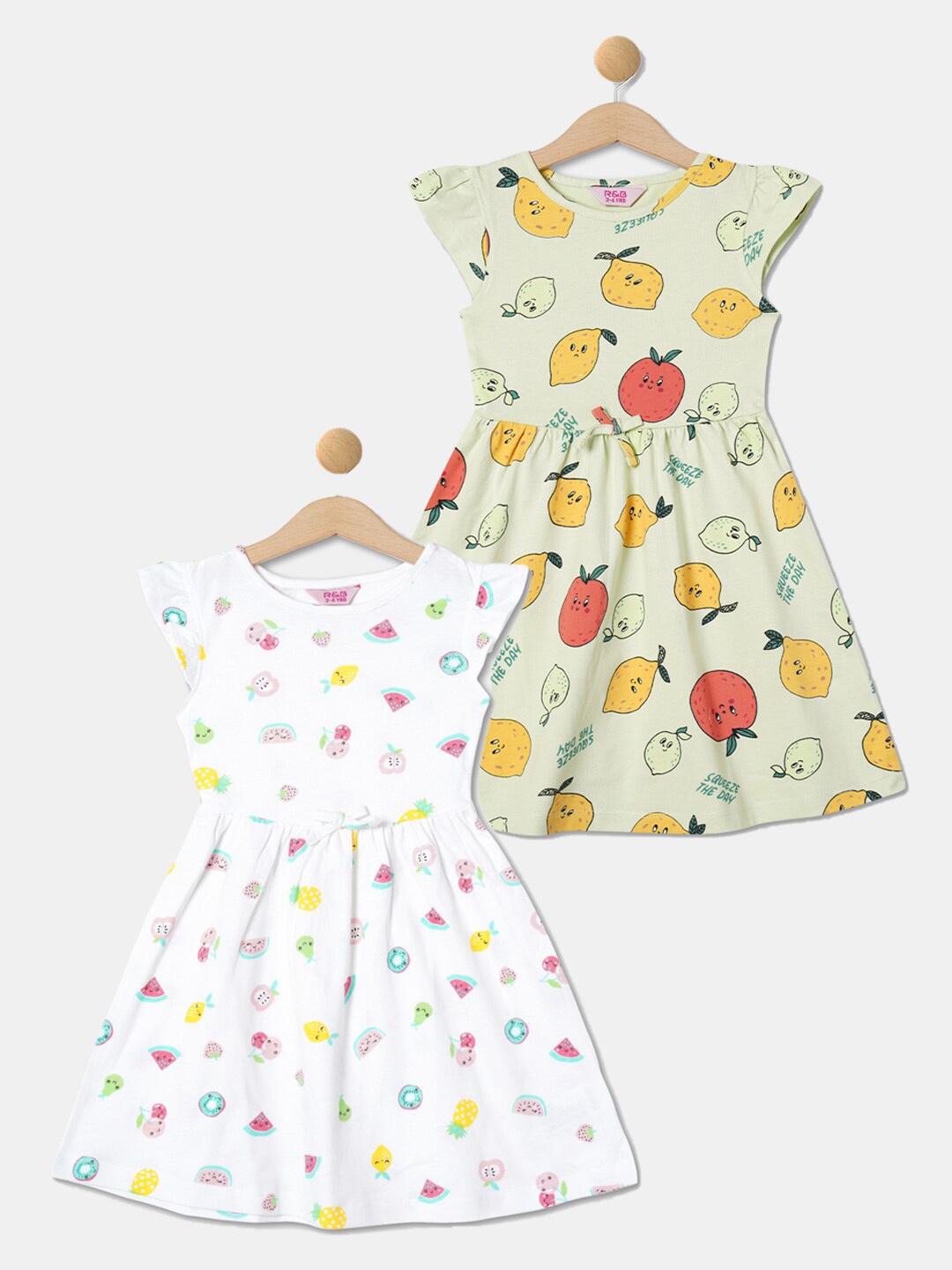 

R&B Girls Pack of 2 Printed Fit & Flare Cotton Dress, White