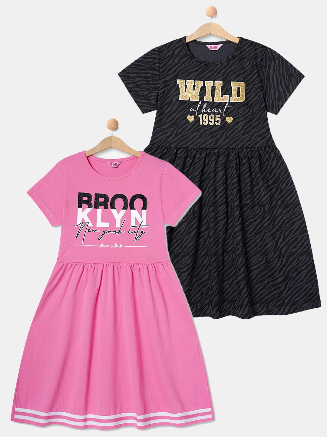 

R&B Girls Pack of 2 Printed Fit & Flare Cotton Dress, Pink