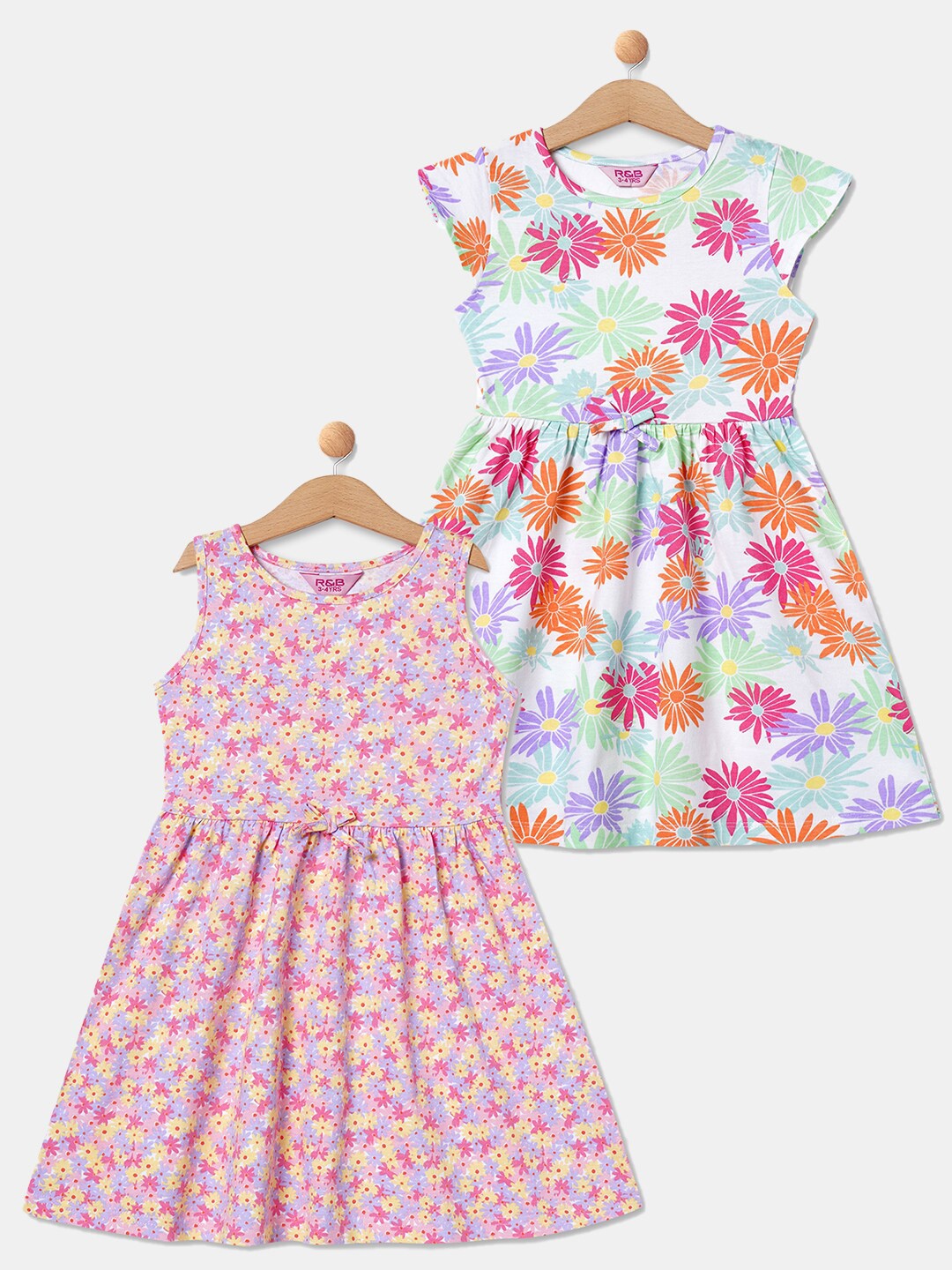 

R&B Girls Pack of 2 Printed Fit & Flare Cotton Dress, Pink
