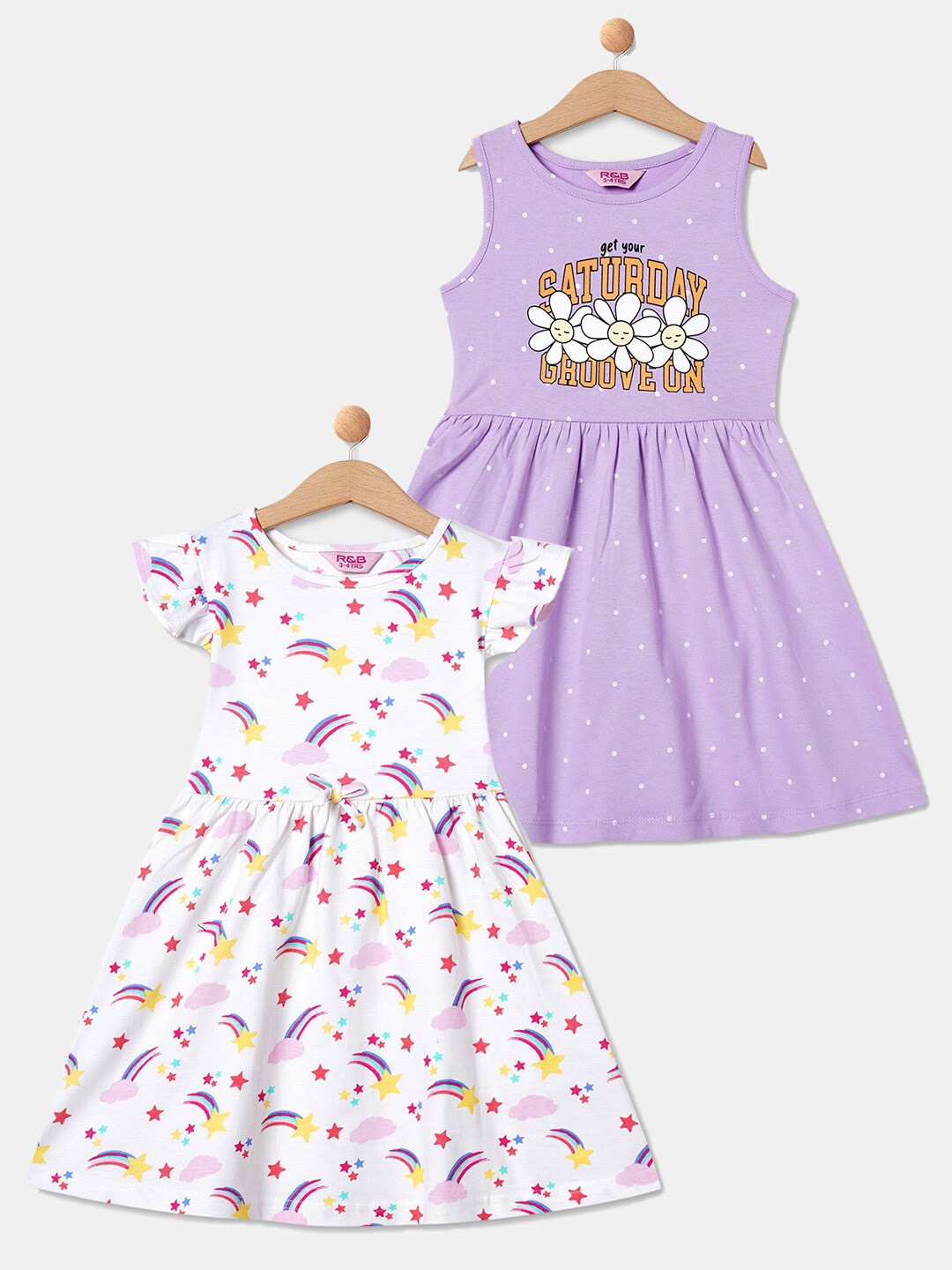

R&B Girls Pack of 2 Printed Fit & Flare Cotton Dress, White