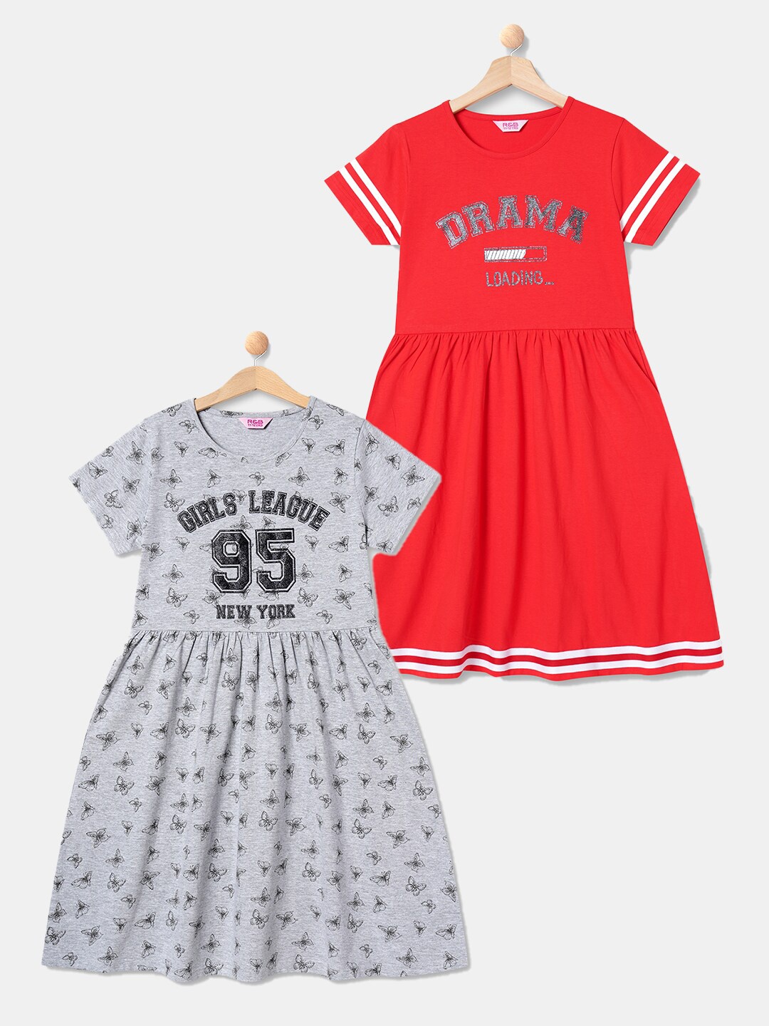 

R&B Girls Pack of 2 Printed Fit & Flare Cotton Dress, Grey