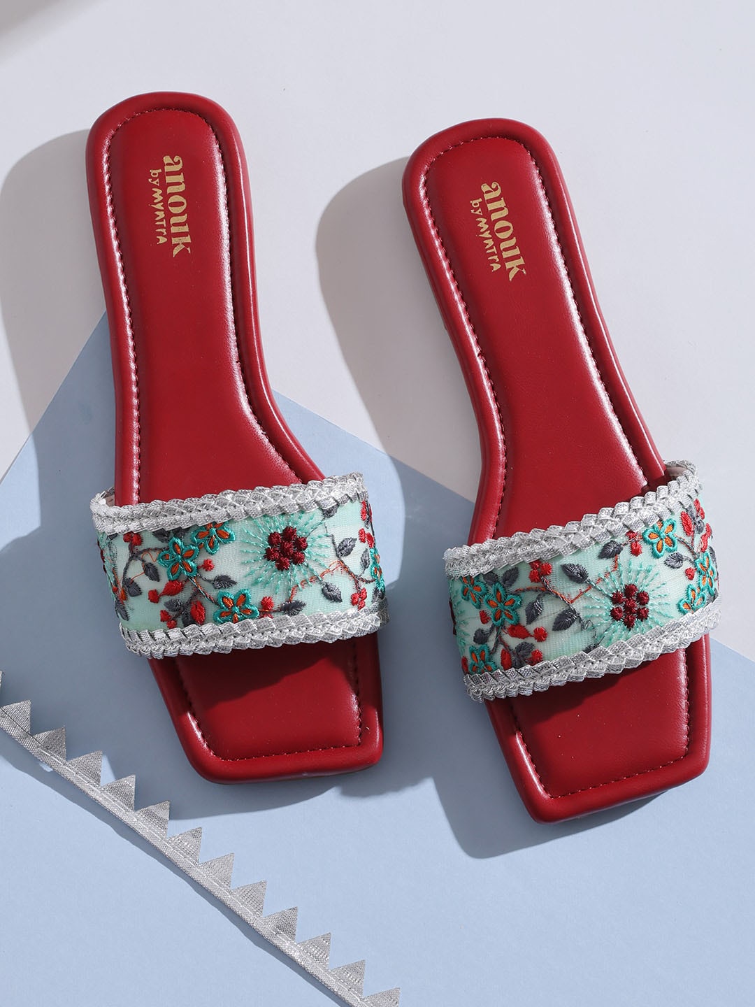 

Anouk Blue And Red Embroidered Open Toe Flats