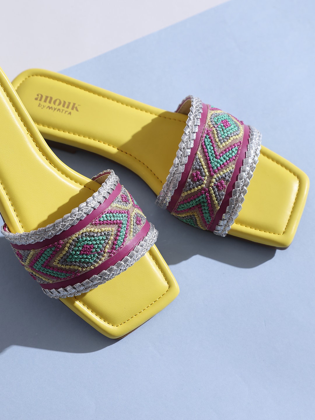 

Anouk Yellow And Pink Embroidered Open Toe Flats