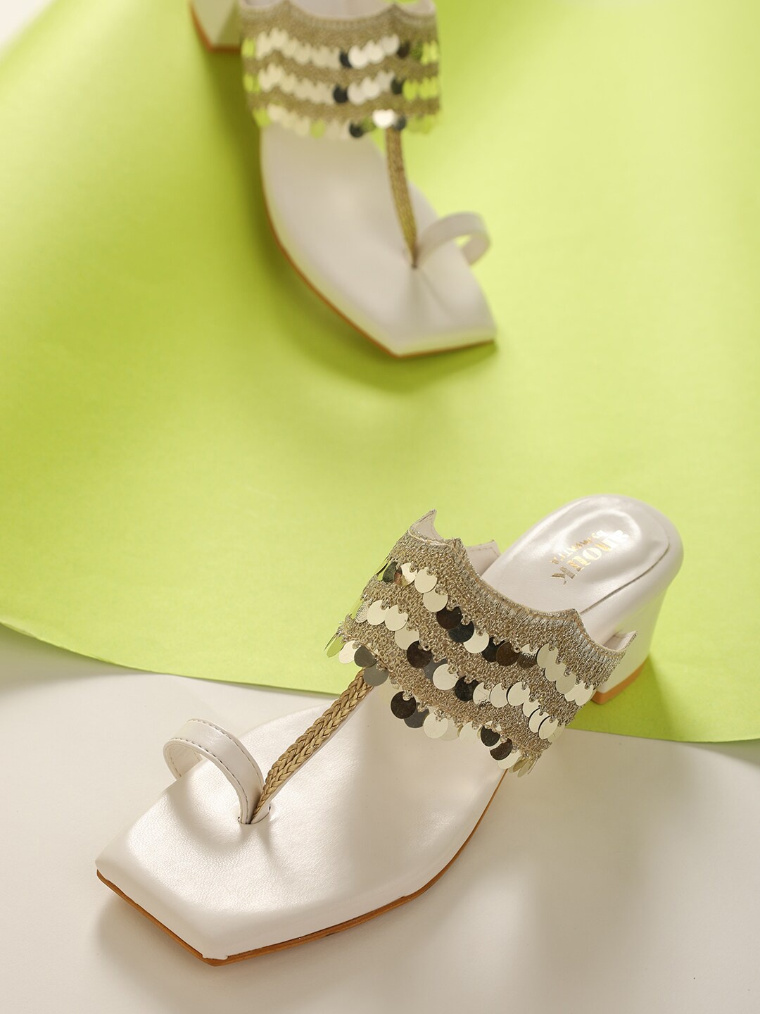 

Anouk White And Gold-Toned Embellished One Toe Block Heels