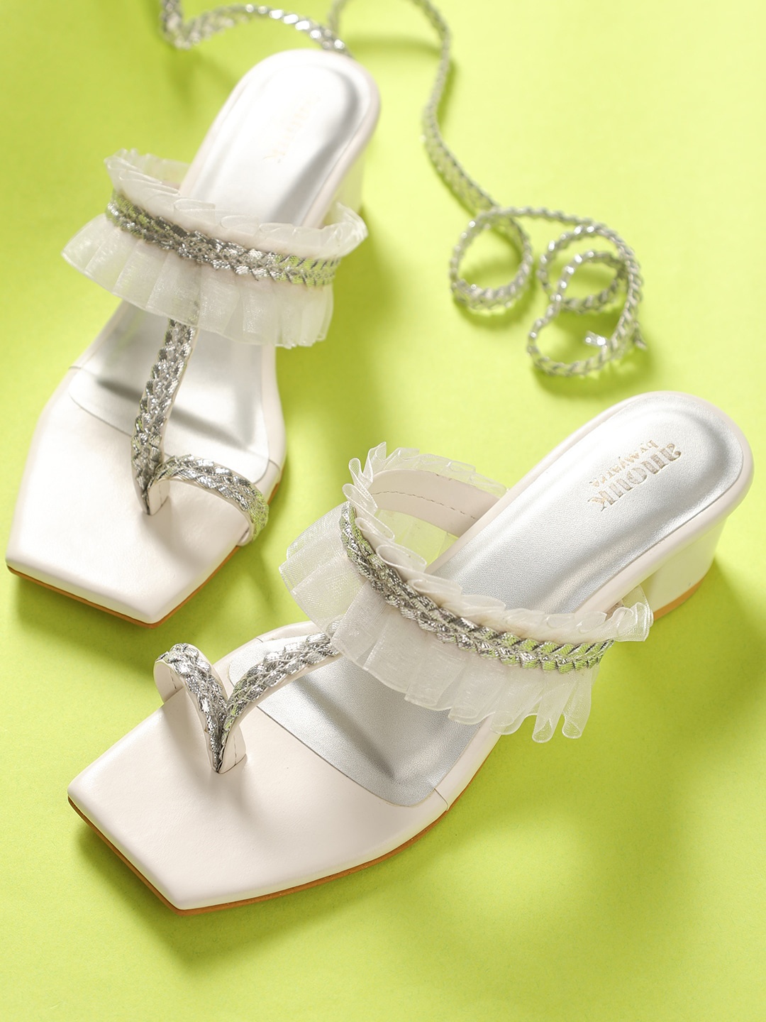 

Anouk White Embellished Ruffle Open Toe Block Heels