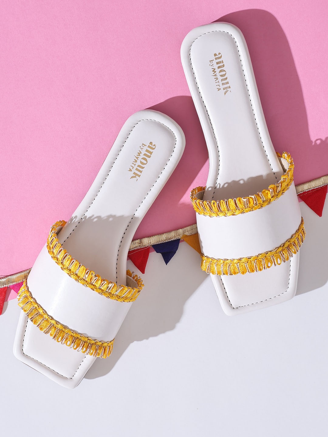 

Anouk White And Yellow Embellished Open Toe Flats