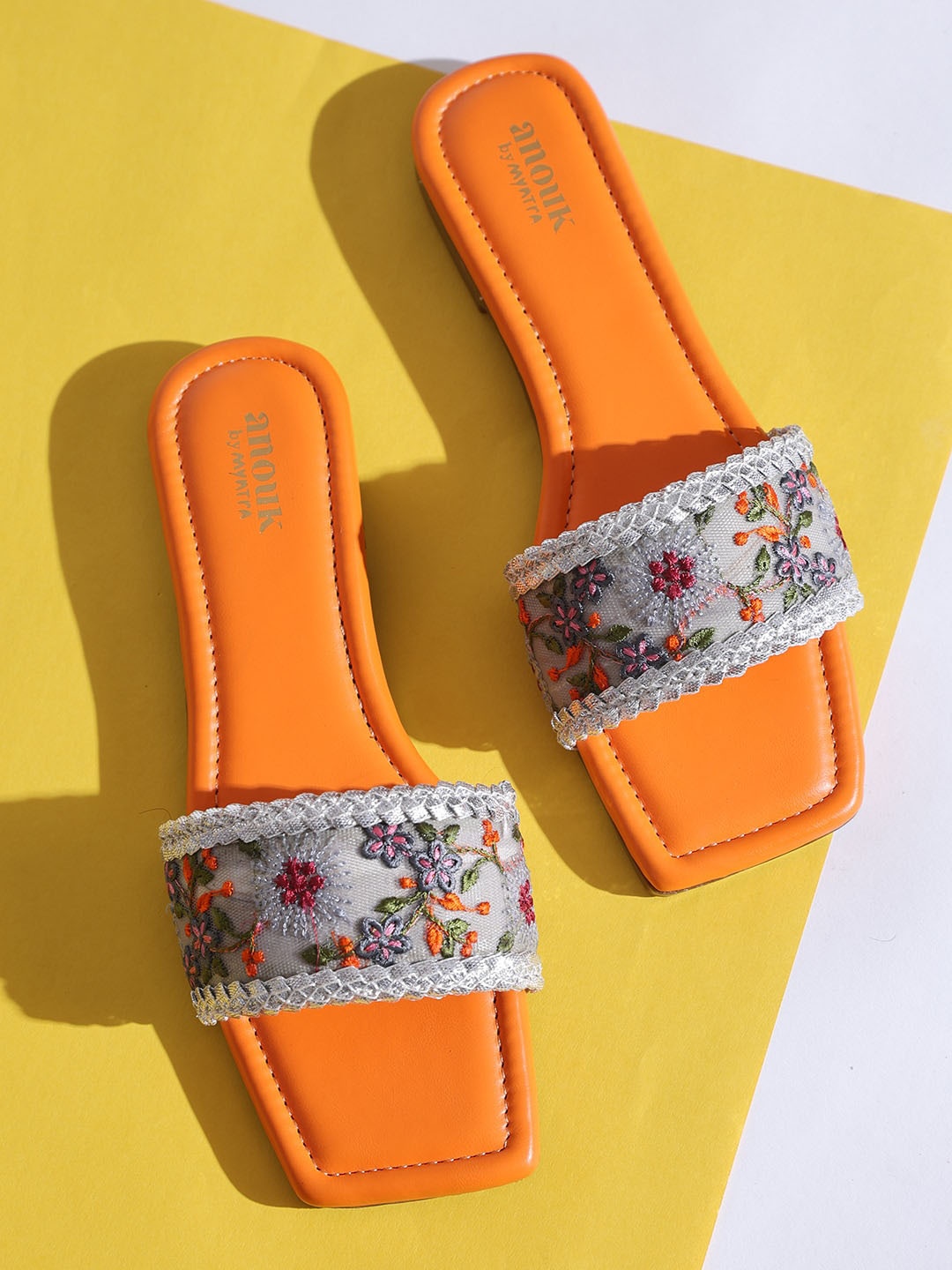 

Anouk Orange And Silver-Toned Embroidered Open Toe Flats
