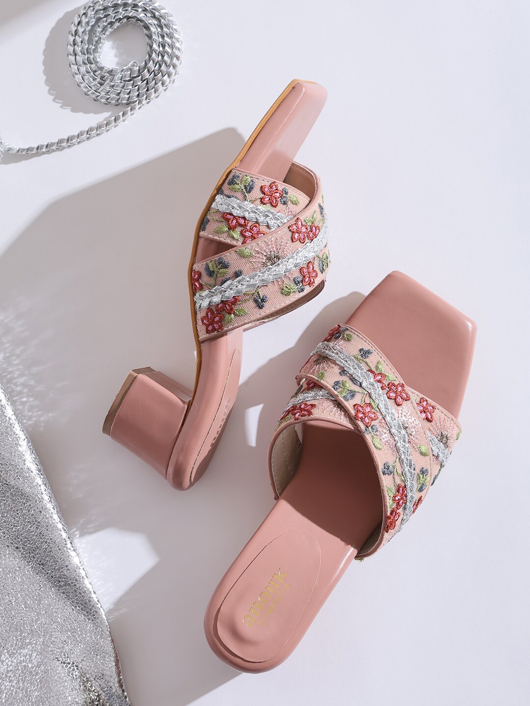 

Anouk Pink & White Embellished Cross Strap Block Heels