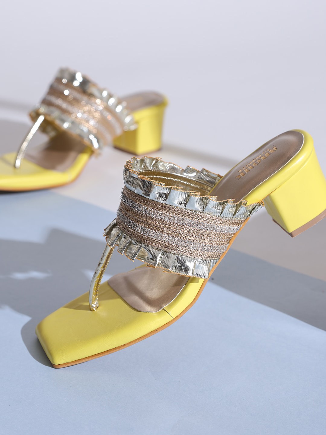 

Anouk Yellow And Gold-Toned Embellished Block Heels