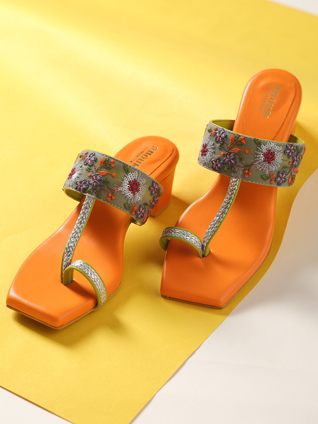 

Anouk Orange & Sea Green Embellished One Toe Block Heels