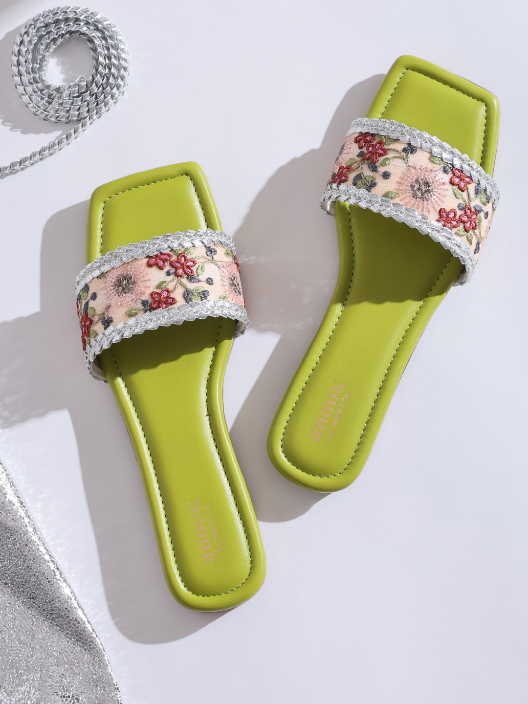 

Anouk Green And Red Embroidered Open Toe Flats