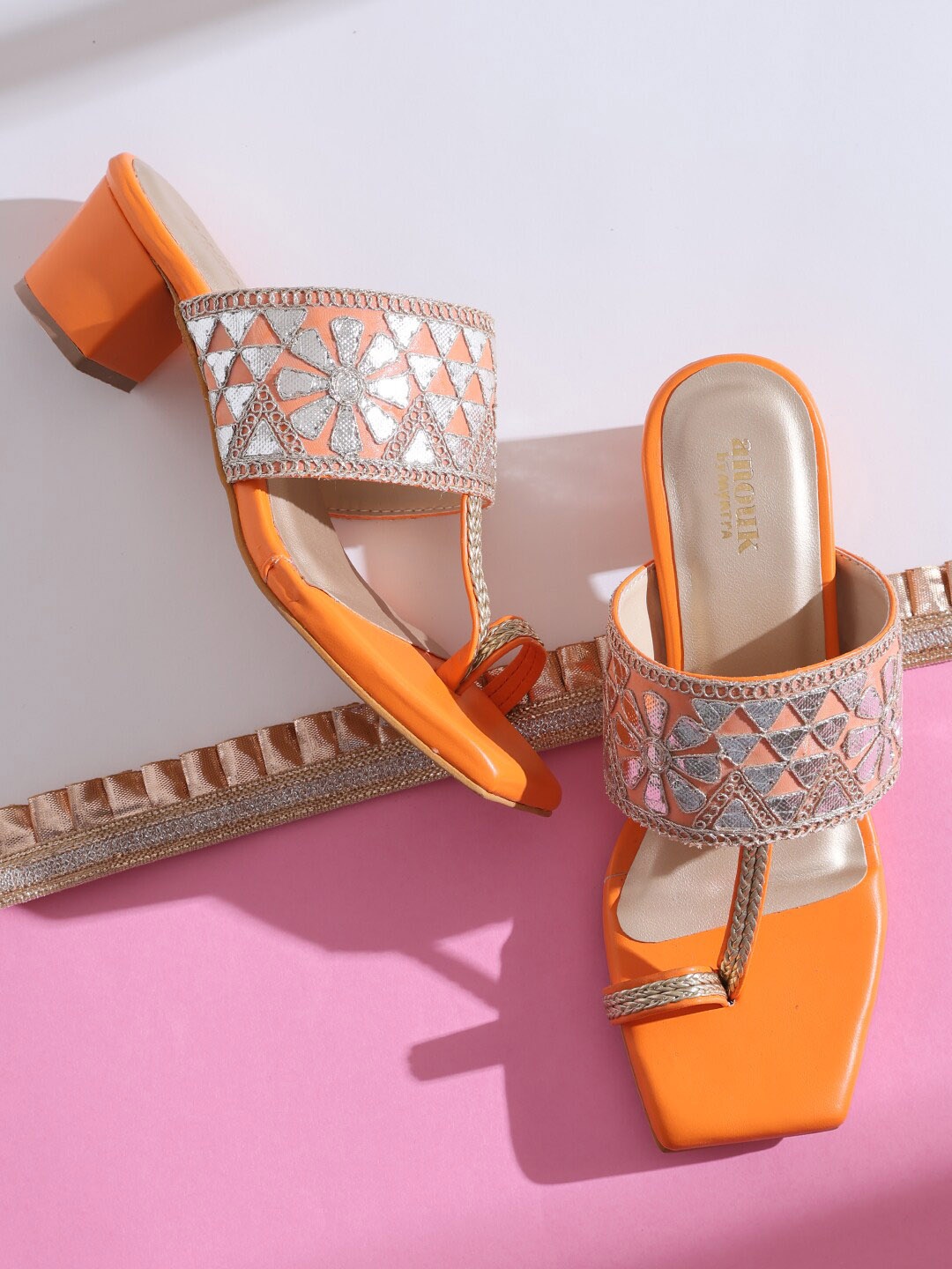 

Anouk Orange And Gold-Toned Embroidered One Toe Block Heels