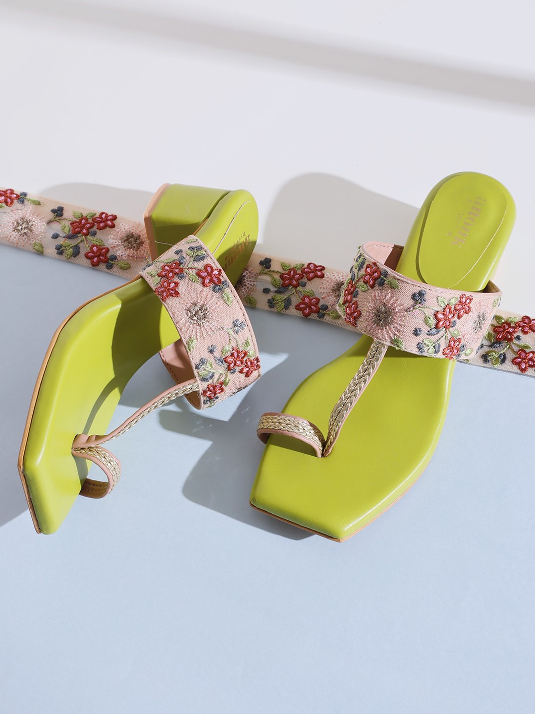 

Anouk Lime Green & Peach Coloured Embellished Open One Toe Block Heels