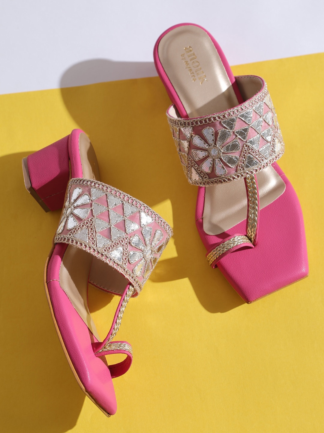 

Anouk Pink & Rose Gold Embellished Open One Toe Block Heels