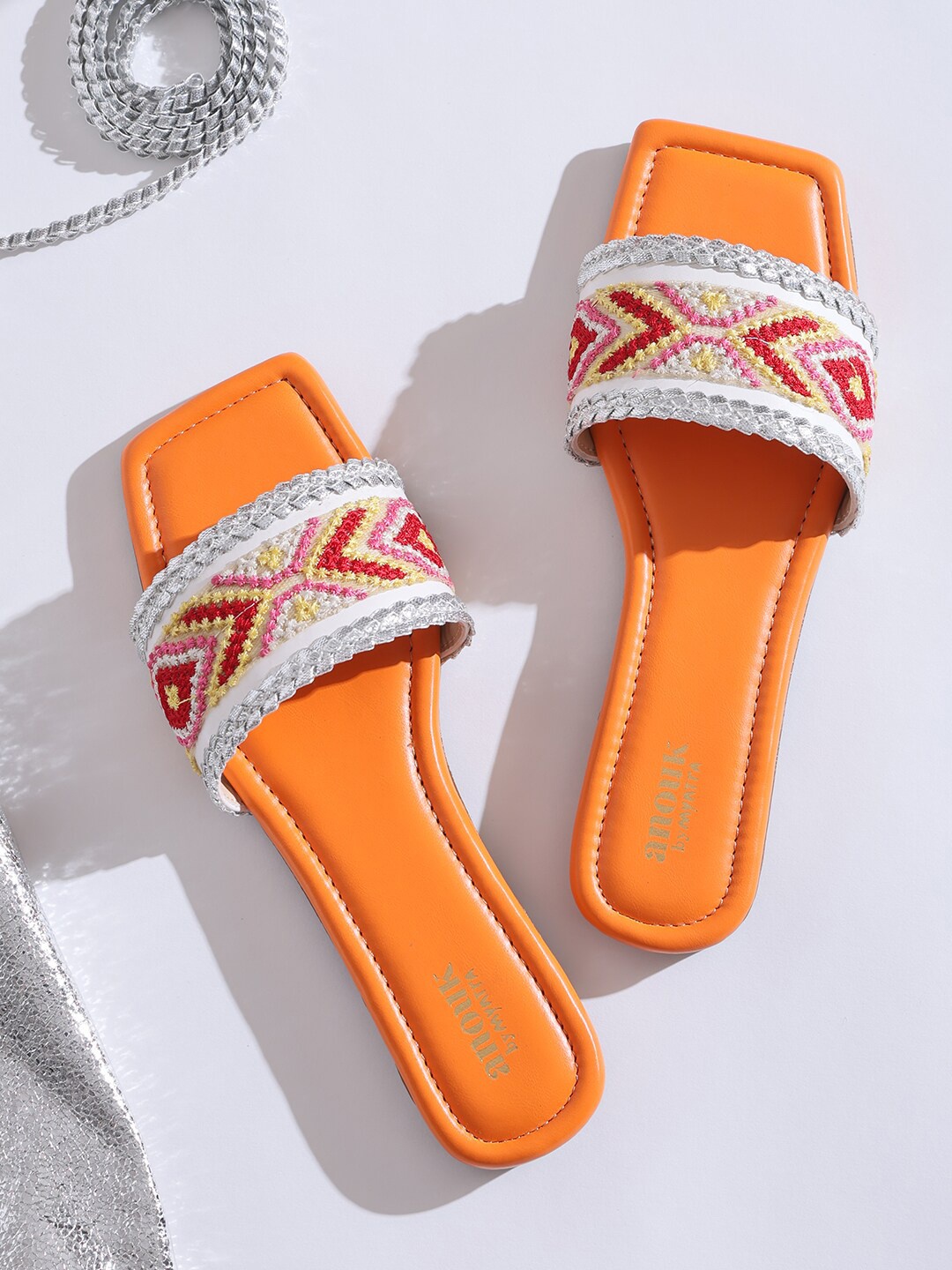 

Anouk Orange And Silver-Toned Embroidered Open Toe Flats