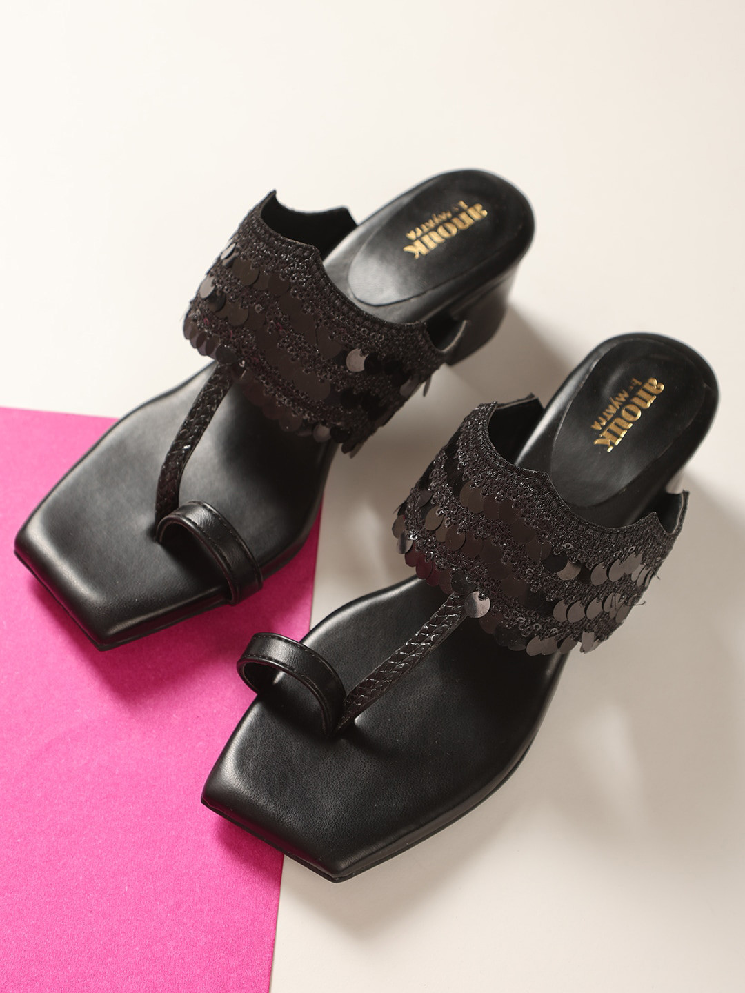 

Anouk Black Embellished One Toe Block Heels