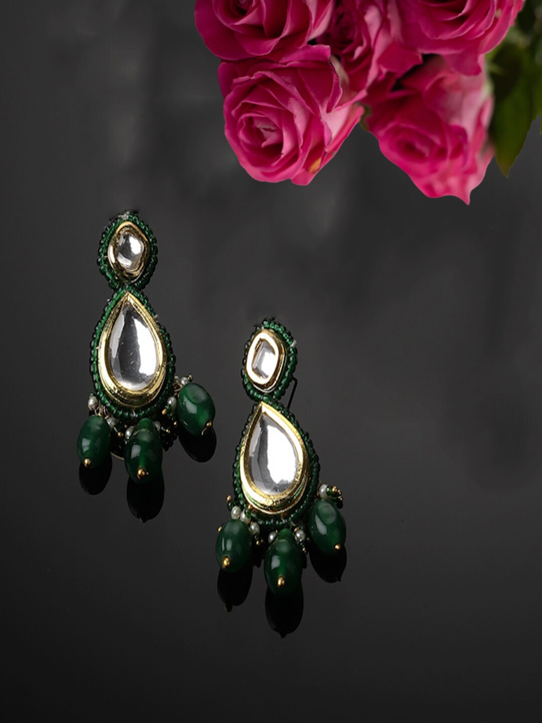 

DUGRISTYLE Gold Plated Contemporary Kundan Studded & Beaded Drop Earrings