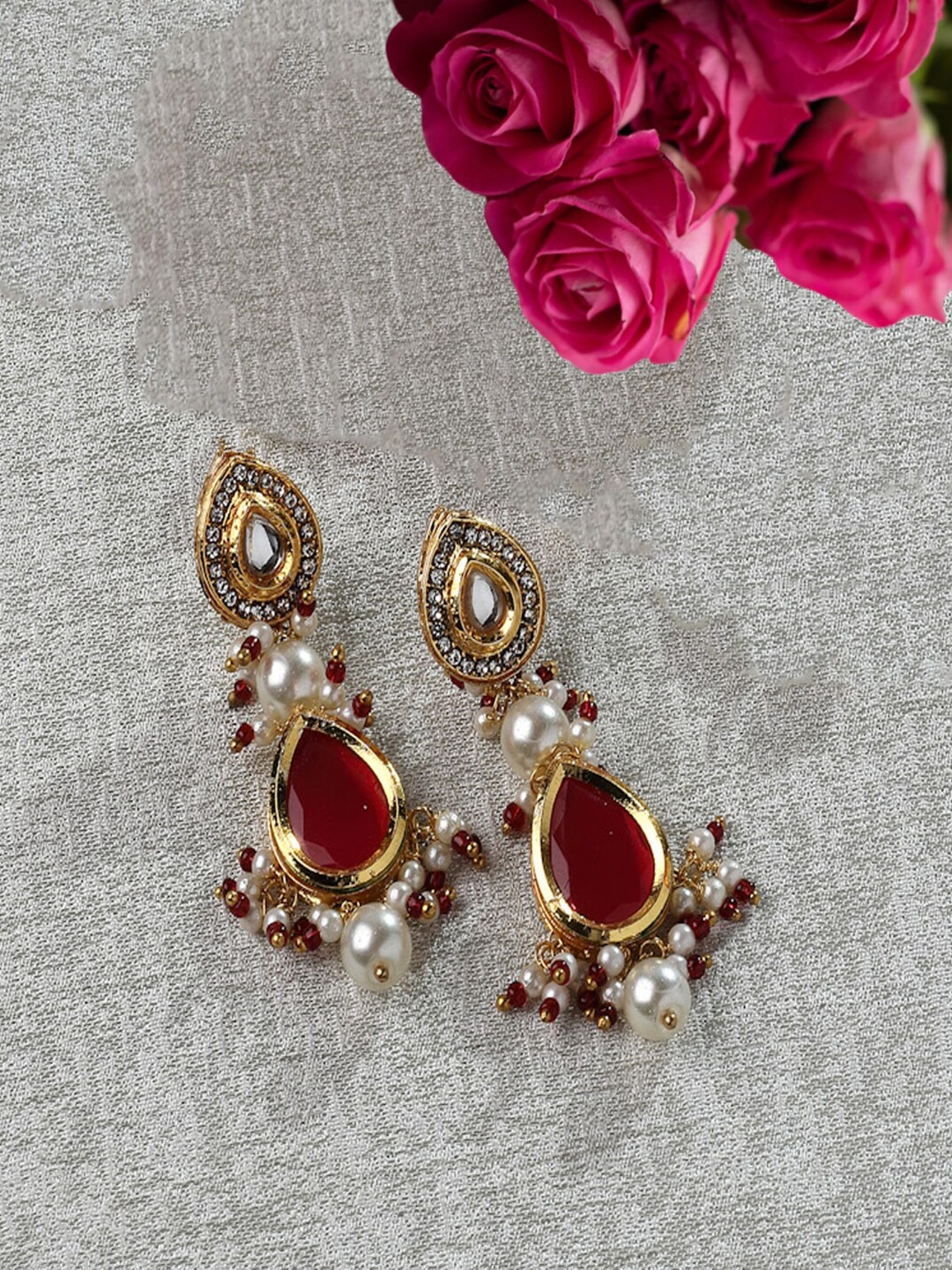 

DUGRISTYLE Gold Plated Contemporary Kundan Studded & Beaded Drop Earrings