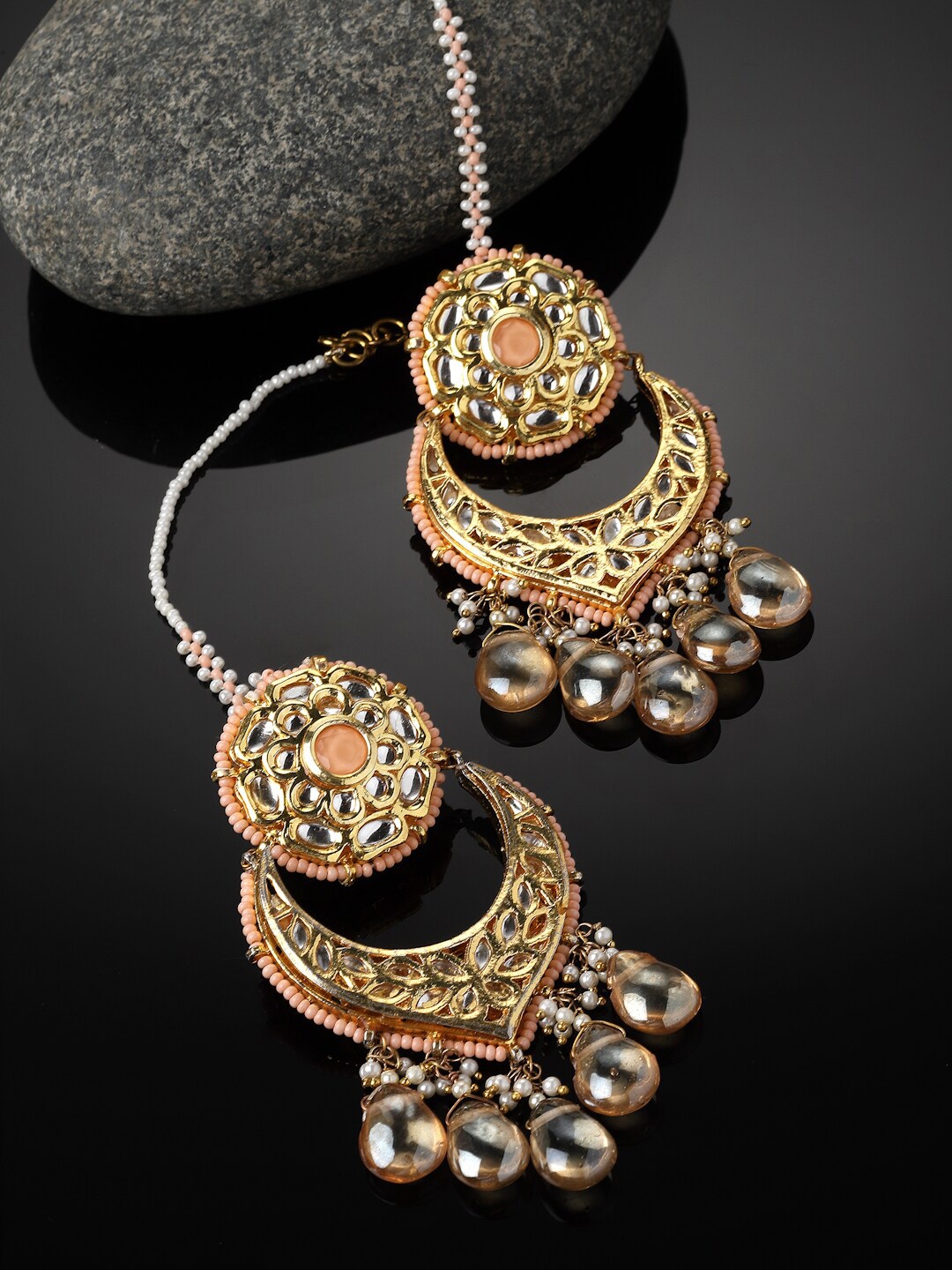 

DUGRISTYLE Gold Plated Contemporary Kundan Studded & Beaded Chandbalis With Ear Chain