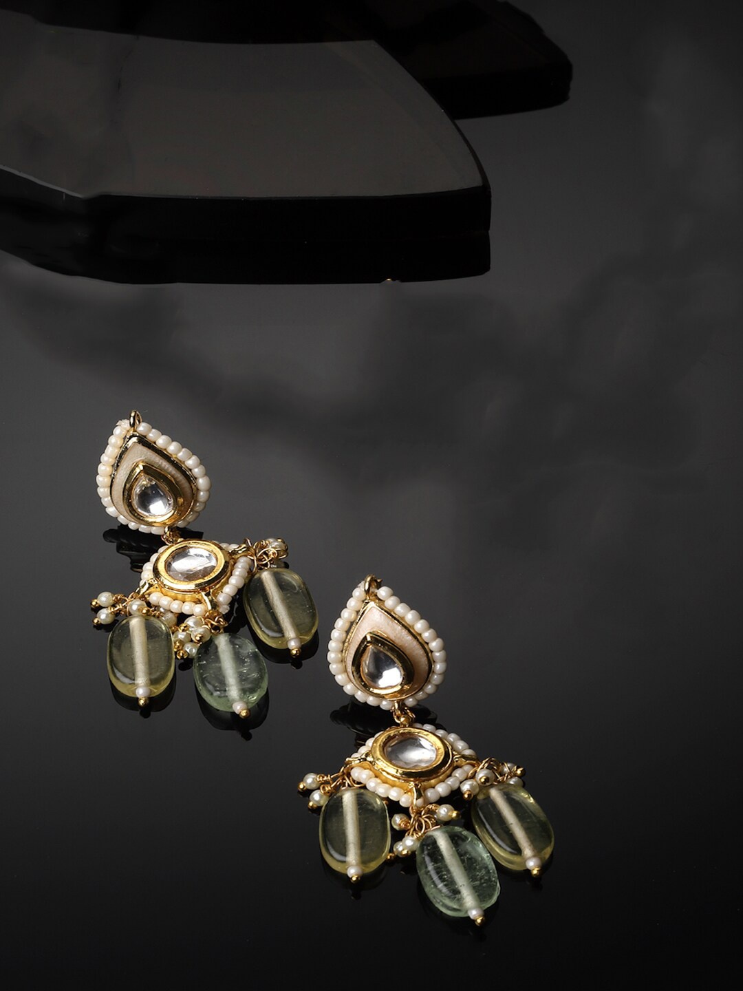 

DUGRISTYLE Gold Plated Contemporary Kundan Studded & Beaded Drop Earrings