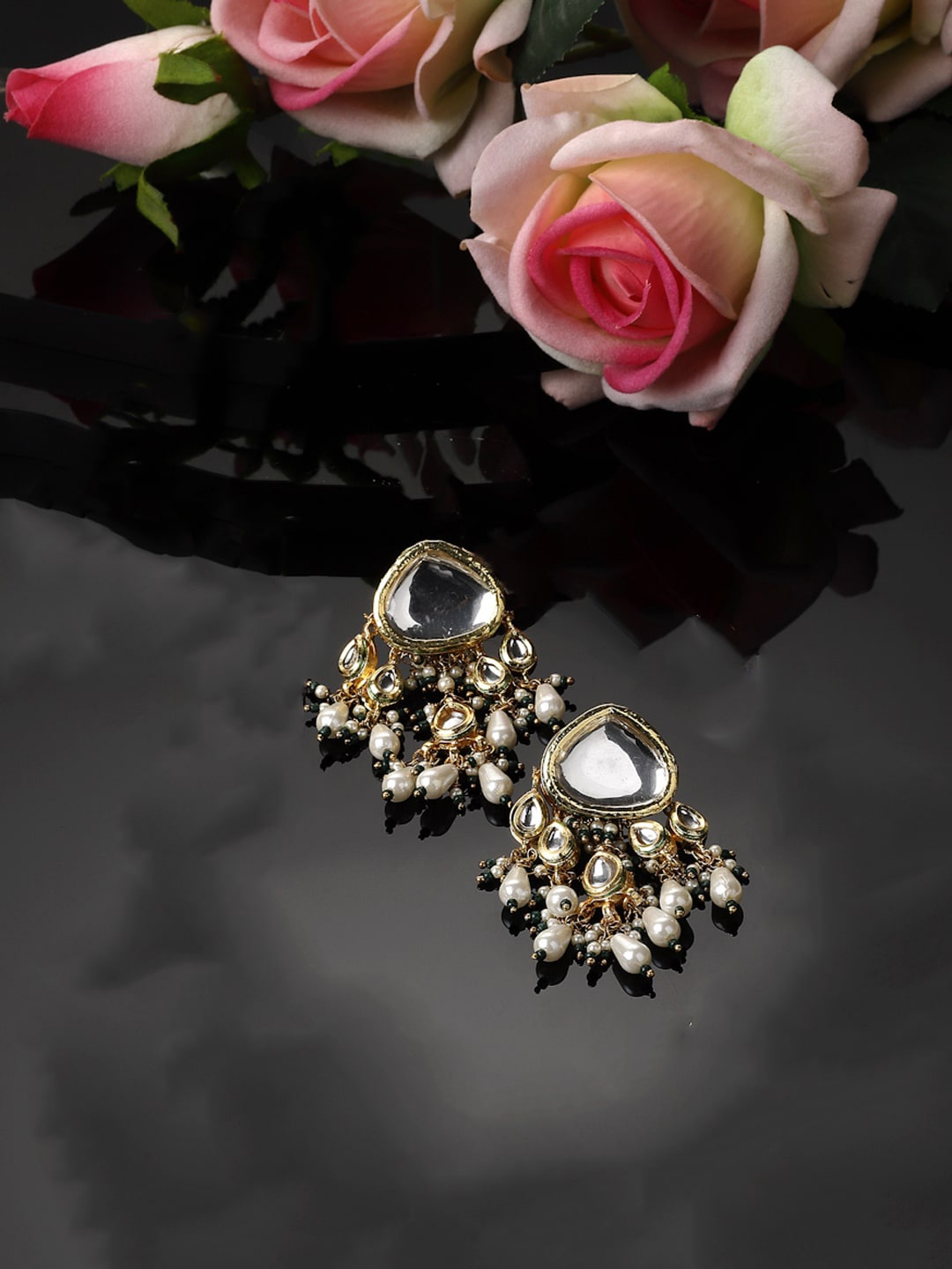 

DUGRISTYLE Gold Plated Contemporary Kundan Studded & Beaded Drop Earrings