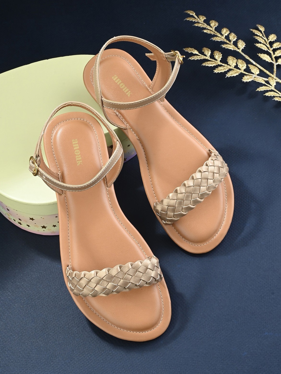 

Anouk Gold-Toned Braided Strap Open Toe Flats