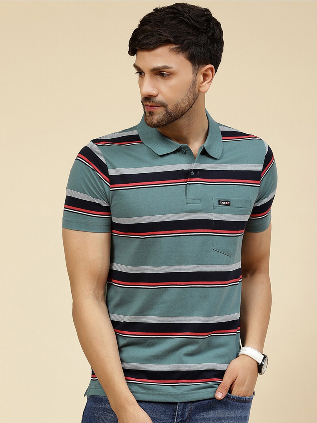

Cloak & Decker by Monte Carlo Striped Polo Collar Short Sleeves Cotton T-shirt, Blue