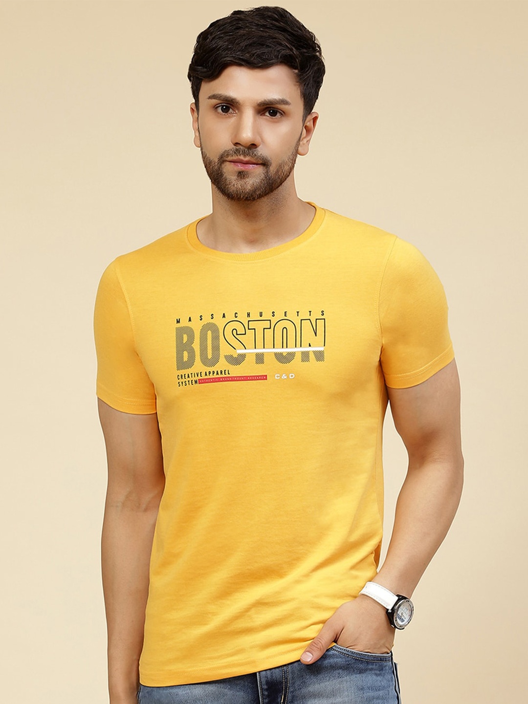 Cloak & Decker by Monte Carlo Typography Printed Cotton T-shirt, Yellow