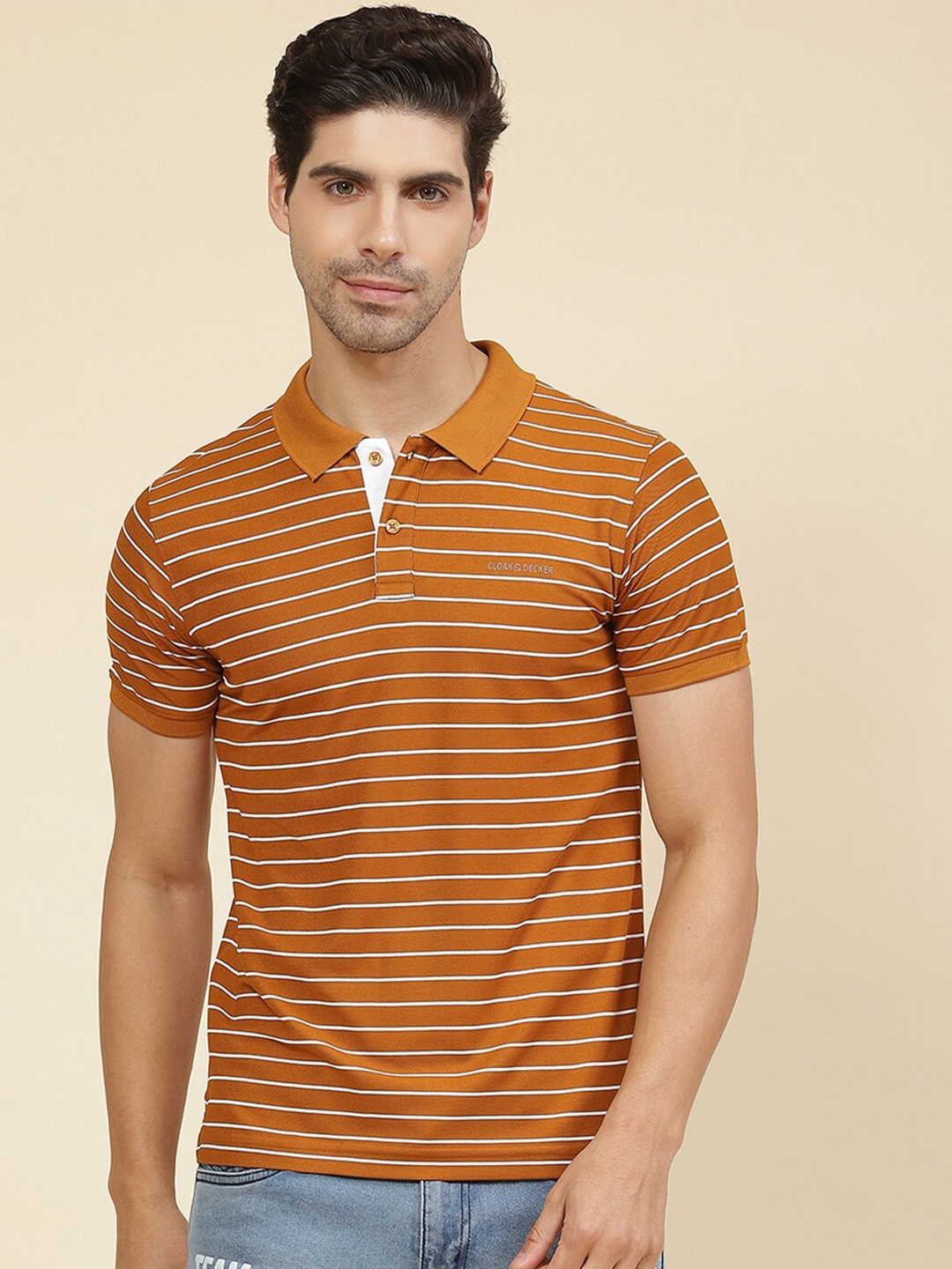 

Cloak & Decker by Monte Carlo Striped Polo Collar Cotton T-Shirt, Orange
