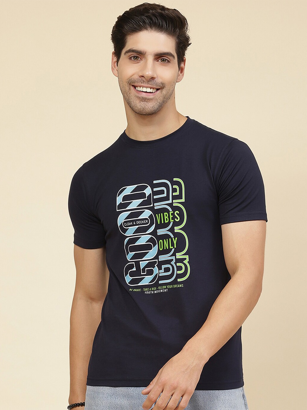 

Cloak & Decker by Monte Carlo Typography Printed Round Neck Cotton T-shirt, Navy blue