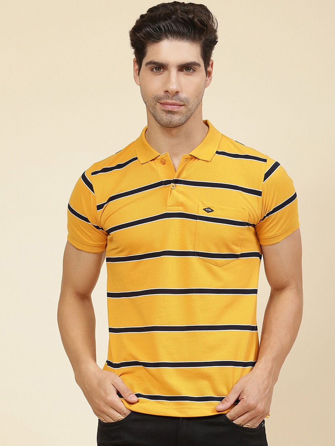 

Cloak & Decker by Monte Carlo Polo Collar Striped Cotton T-shirt, Yellow