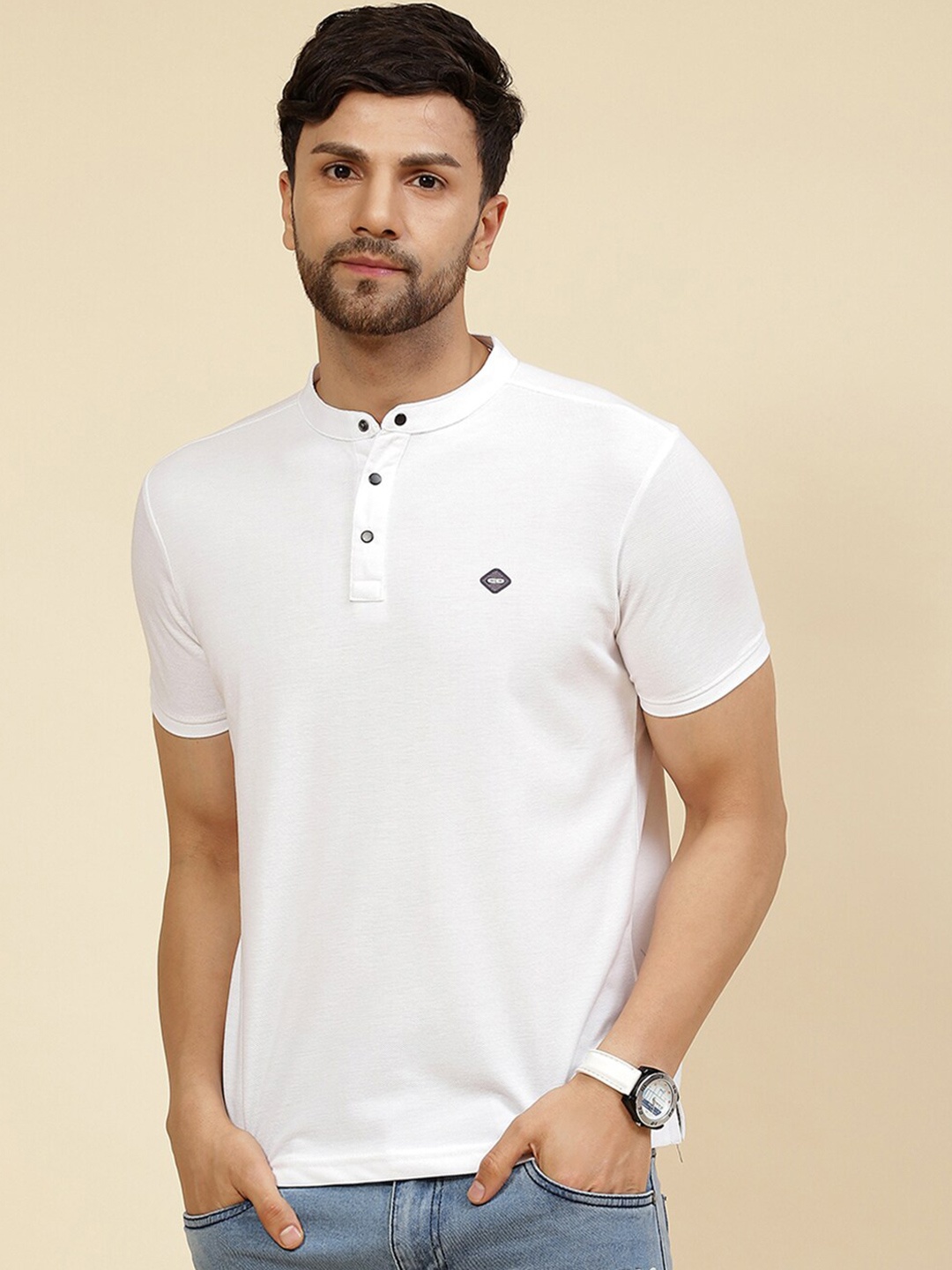 

Cloak & Decker by Monte Carlo Mandarin Collar Cotton T-Shirt, White