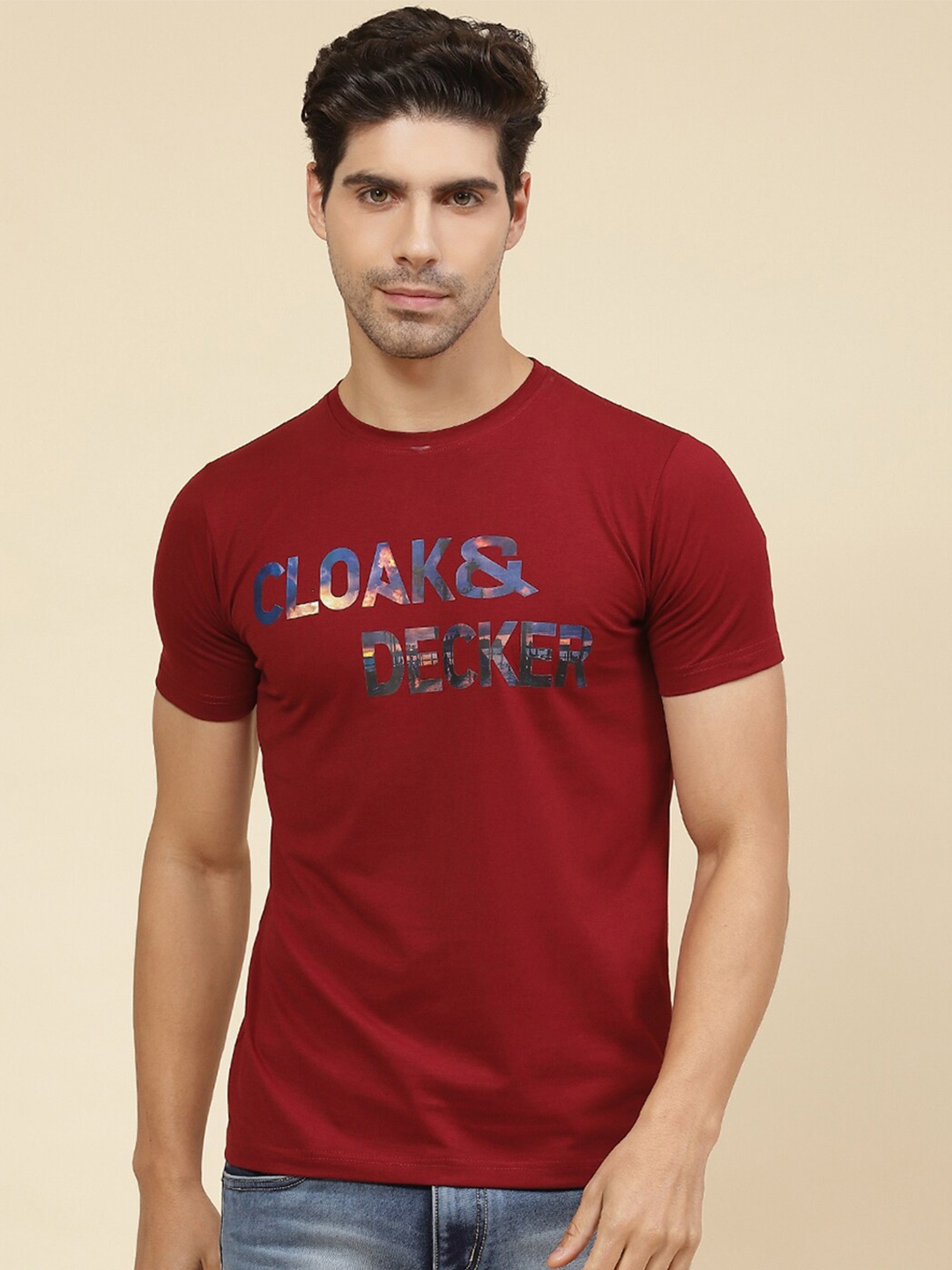 

Cloak & Decker by Monte Carlo Typography Printed Cotton T-Shirt, Maroon