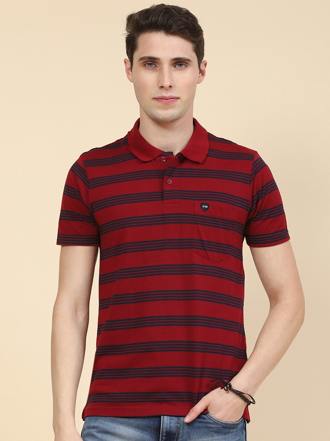

Cloak & Decker by Monte Carlo Striped Polo Collar Cotton T-Shirt, Maroon
