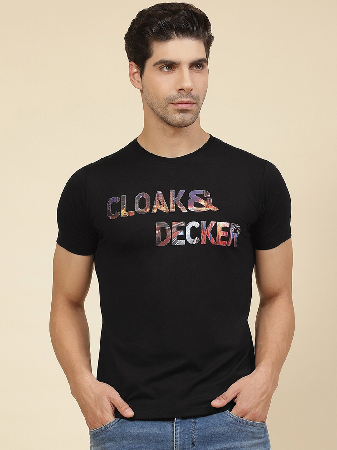 

Cloak & Decker by Monte Carlo Typography Printed Cotton T-shirt, Black