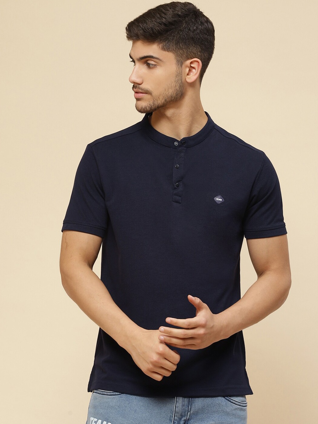 

Cloak & Decker by Monte Carlo Mandarin Collar Cotton T-Shirt, Navy blue