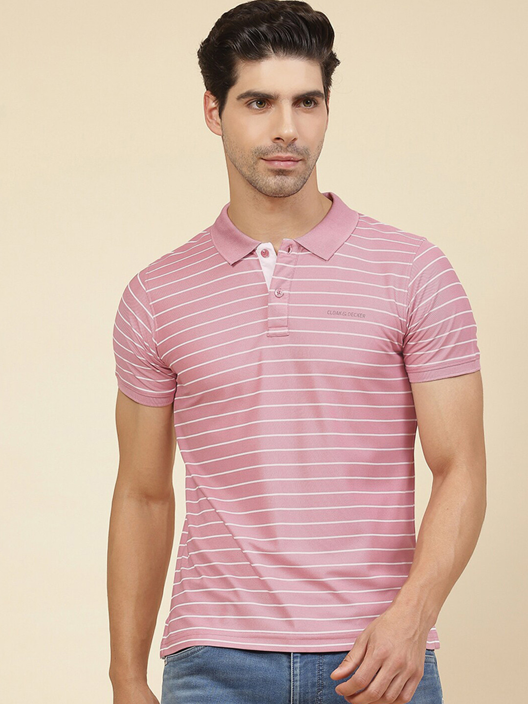 

Cloak & Decker by Monte Carlo Polo Collar Striped Cotton T-shirt, Pink