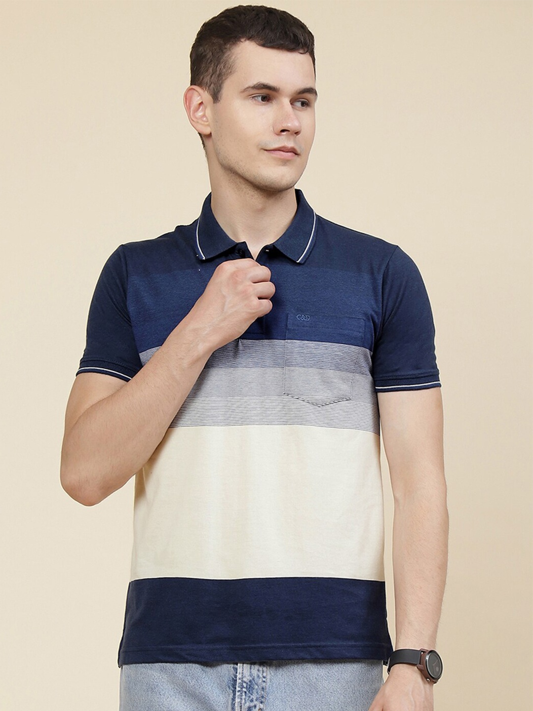 

Cloak & Decker by Monte Carlo Colourblocked Polo Collar Cotton T-shirt, Navy blue