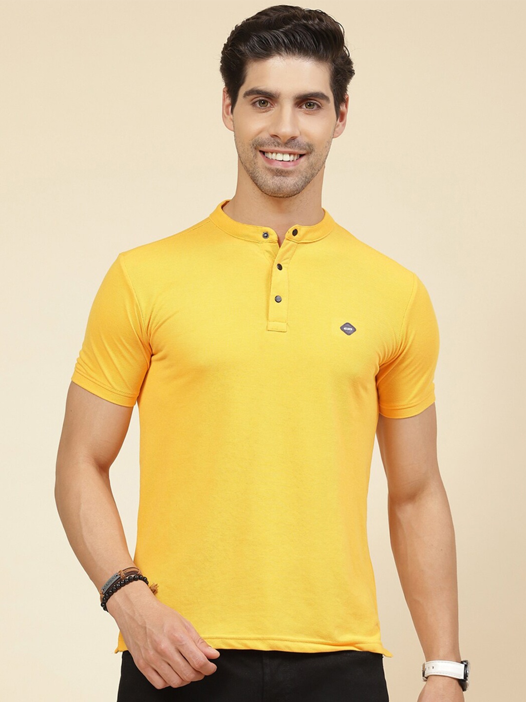

Cloak & Decker by Monte Carlo Mandarin Collar Cotton T-Shirt, Yellow
